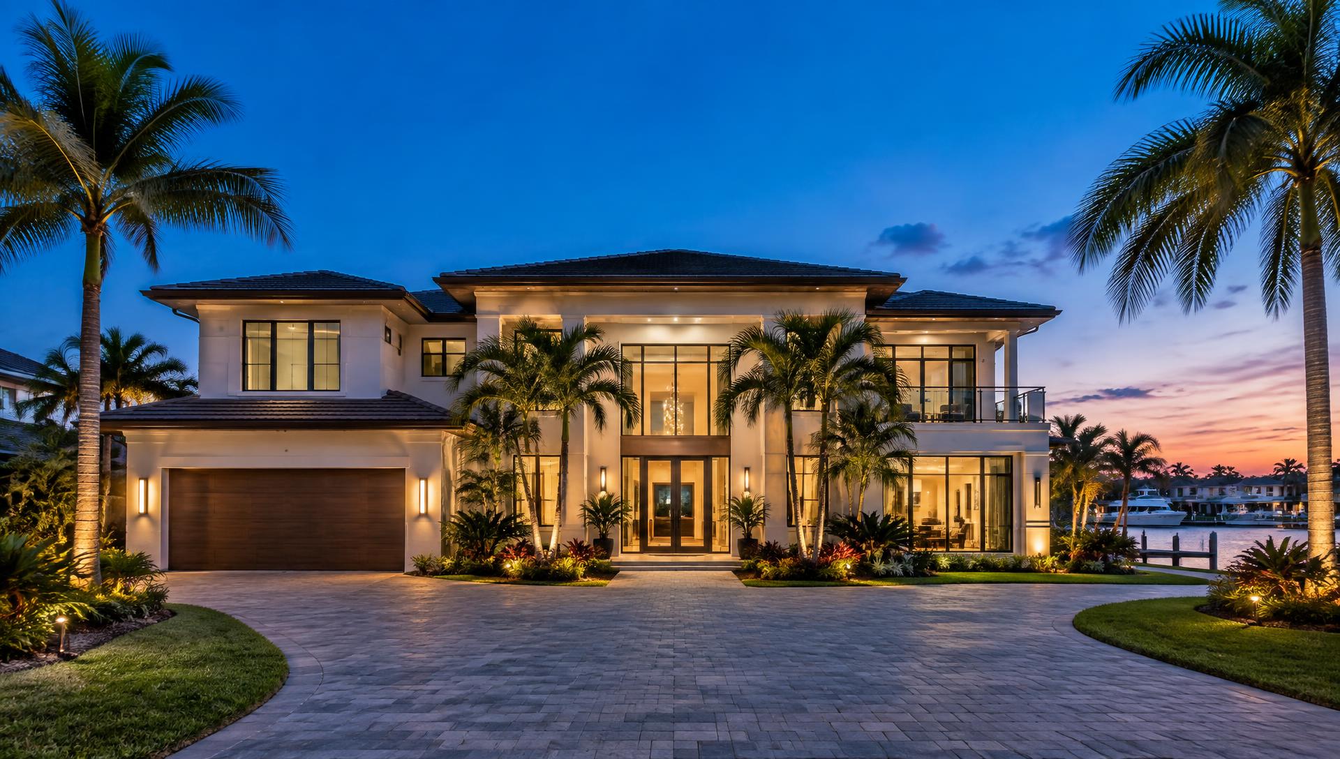 A South Florida waterfront home with palm trees at dusk
